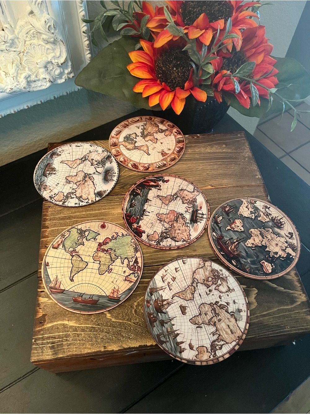 Vintage Map Wood Coasters - Brown and Tan World Map Set